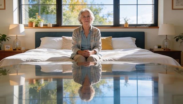 Senior woman sitting on bed in sunlit bedroom with window reflection and calm expression