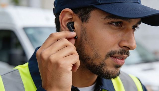 Delivery driver adjusting wireless earbud while wearing high-visibility vest and cap