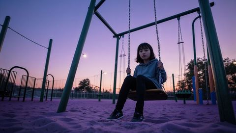 Contemplative girl on swing in twilight playground - shy concept