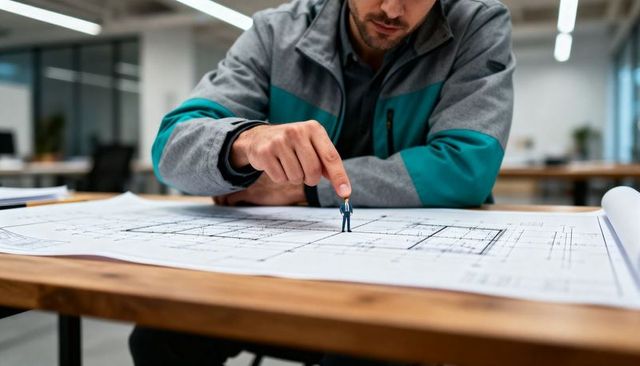 Architect pointing at miniature figure on blueprint conveying scale planning and design