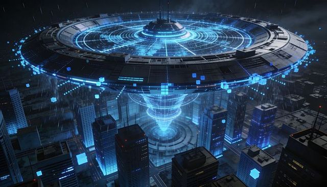 Futuristic hovering data disc projecting holographic spiral column over neon metropolis