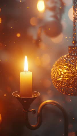 Flickering Candle Flame and Ornate Hanging Lantern with Golden Bokeh Vertical Video