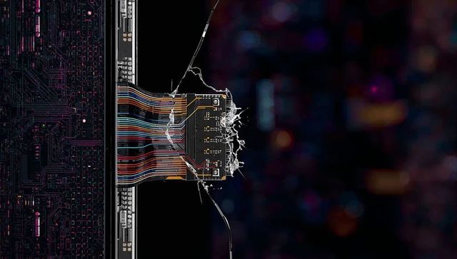 Flex ribbon cable piercing cracked glass with exposed pcb gold pads and circuit fragments