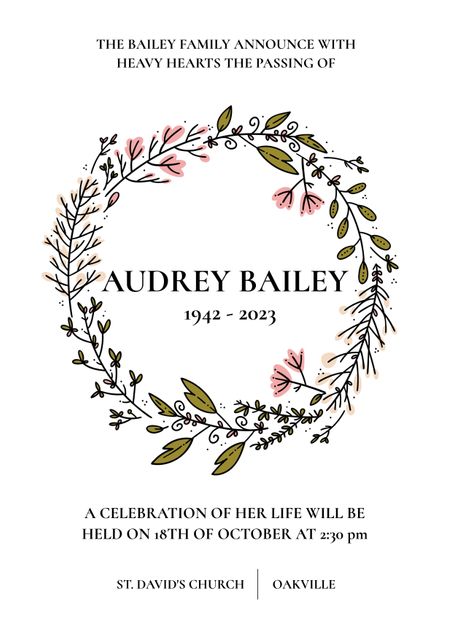 Floral wreath with text gracefully commemorates loved one passed away. Ideal for funeral announcements, sending to family and community members. Suitable for templates, cards, and memorial event notifications.