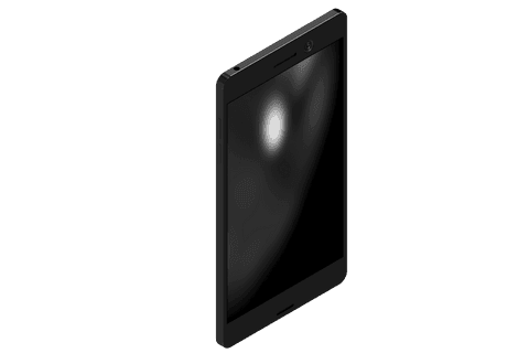 High angle view of a black smartphone with blank display on transparent background