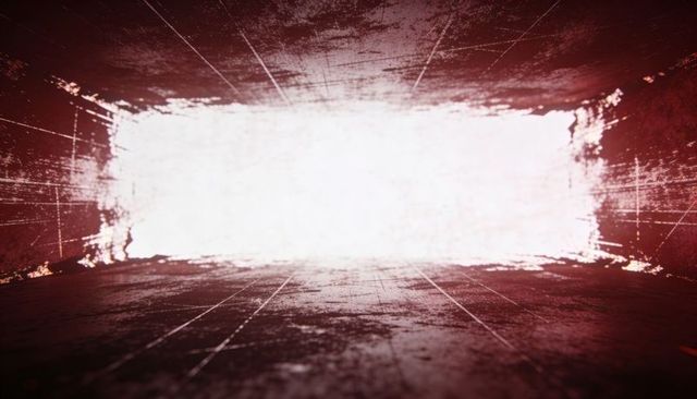 Futuristic backlit tunnel drawing viewer toward scorched rectangular portal, grungy textures