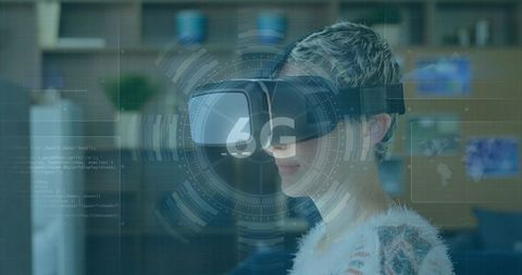 Woman exploring virtual world via vr headset and 6g network