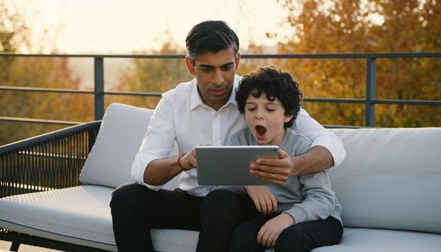 Father and son watching tablet on balcony couch, autumn evening bonding and surprise