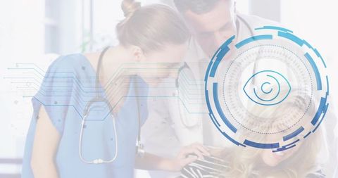 Clinicians collaborating with patient using tablet and futuristic hud interface in clinic