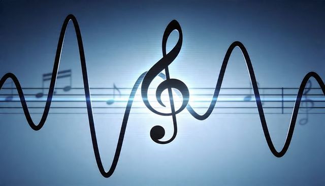 Treble clef merging with sine wave soundwave over glowing blue musical staff