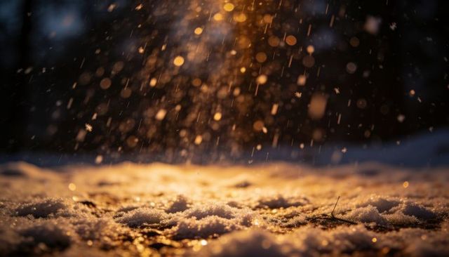 Backlit falling snow over glowing snowy ground at golden hour with warm bokeh sparkle