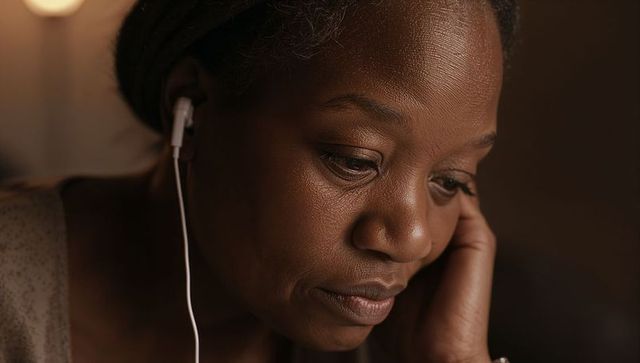 Contemplative black woman listening with white earbuds in warm dim light intimate closeup