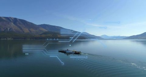 Motorboat Journey with Technology Overlays on Scenic Mountain Lake