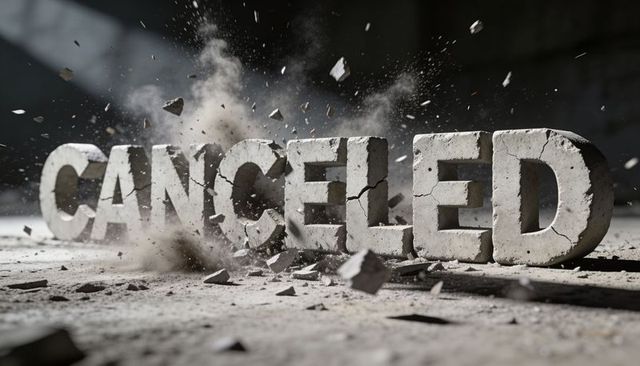 CANCELED in Crumbling Concrete Letters Exploding into Dust and Debris