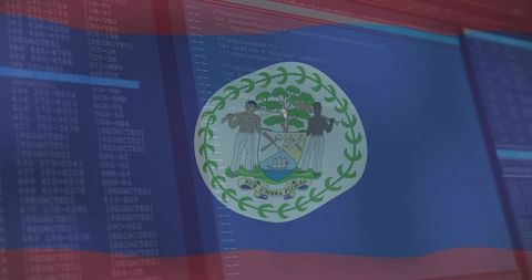 Belize flag blending with code on monitors representing cybersecurity and digital identity