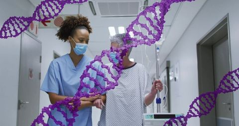 Nurse guiding elderly patient with iv pump in hospital corridor with purple dna overlay