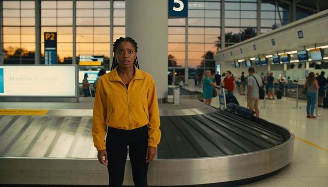 Surprised traveler in yellow jacket standing at baggage carousel during sunset in airport