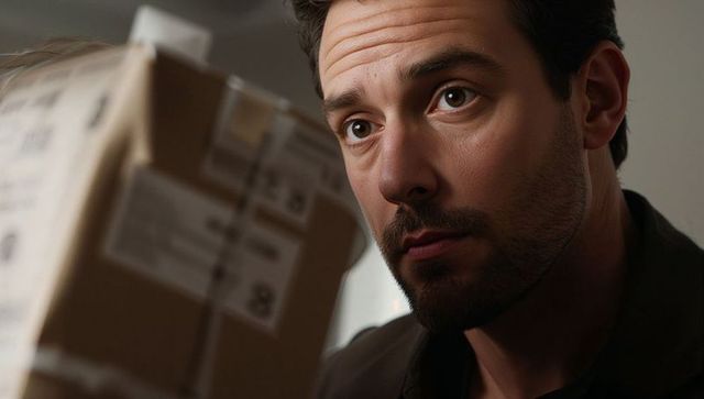 Bearded man inspecting shipping label on cardboard package closeup portrait home delivery