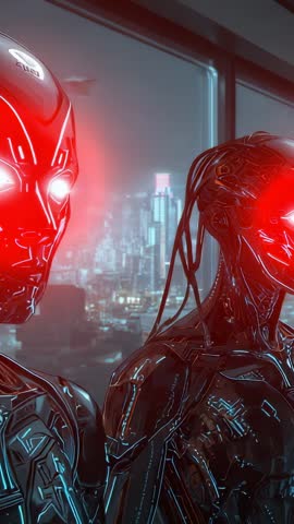 Androids Running System Checks with Red Alert Lights over Futuristic City Skyline - Vertical