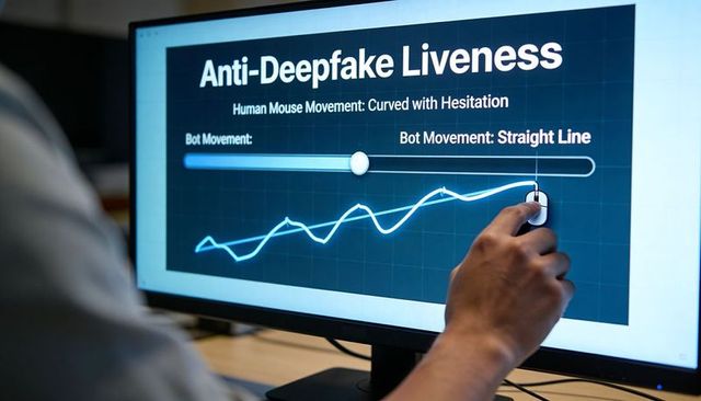 Dragging right hand across anti-deepfake liveness slider, comparing human and bot mouse movement