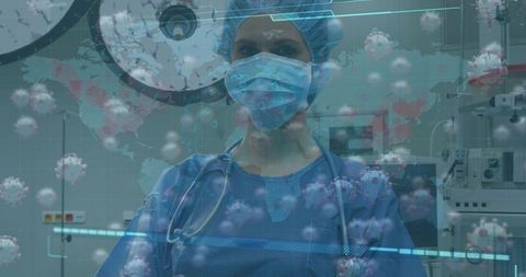 Healthcare Professional with Medical Technology and Virus Overlay