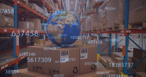 Global logistics concept: earth globe and barcodes in warehouse
