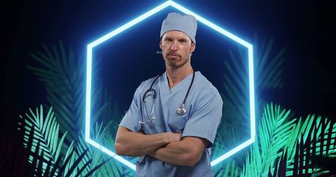 Futuristic medical professional posing with neon background