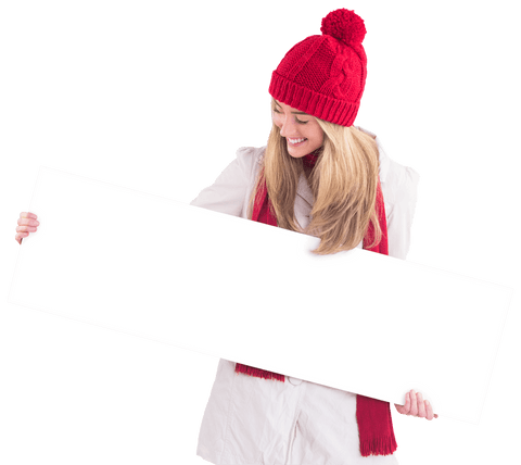 Cheerful Woman in Winter Clothing Holding Blank Transparent Banner