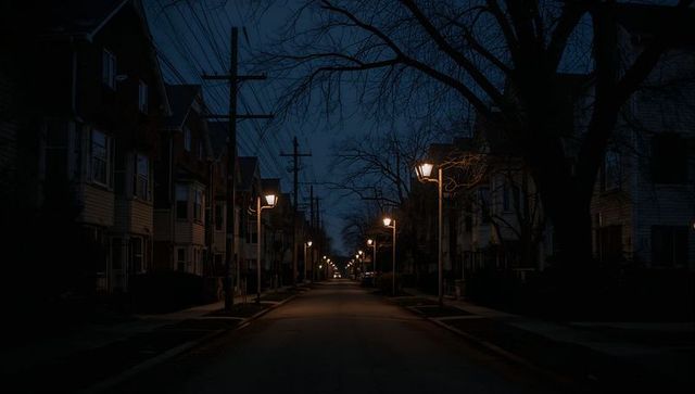 Empty lamp-lined residential street at blue hour with warm amber glow