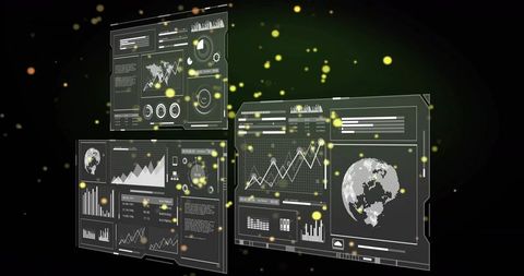 Futuristic holographic data dashboards displaying global analytics, line charts, and gauges