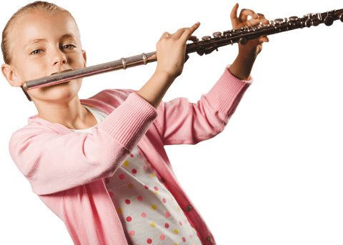 Caucasian girl playing flute standing on transparent background
