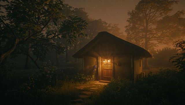Glowing Thatched Hut Casting Lantern Light on Stone Path in Misty Forest Night