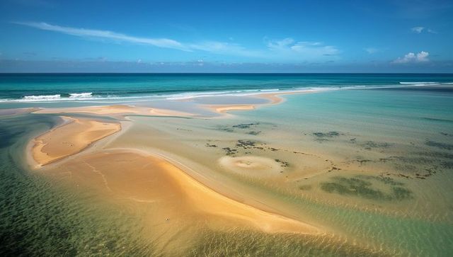 Aerial sandbar curving through turquoise lagoon with tidal channels and surf line