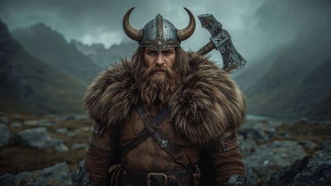 Bearded Viking Warrior in Misty Mountain Landscape