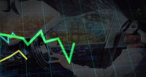 Male driver wearing vr headset driving with augmented cockpit overlays and telemetry