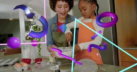 Woman teaching child baking in bright kitchen with colorful 3d graphic overlays