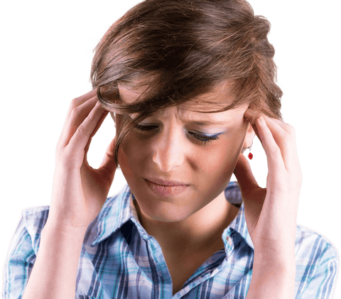 Woman with brown hair touching head, appearing to have headache on transparent background