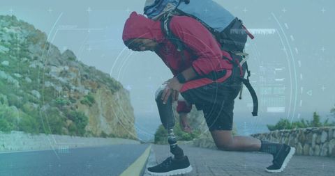 Hiker with prosthetic adjusting shoe, future technology adventure