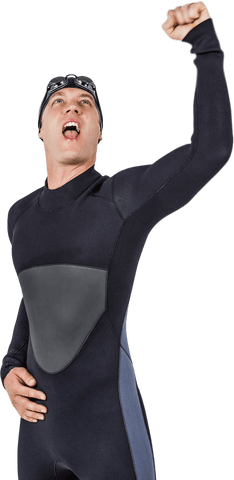 Transparent winner celebrating victory in wetsuit