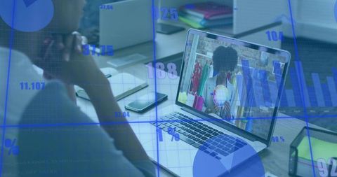 Remote presenter conducting demo while viewer watching laptop with live data charts
