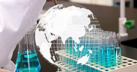 Displaying global biotech research with test tube rack of cyan reagents and holographic globe