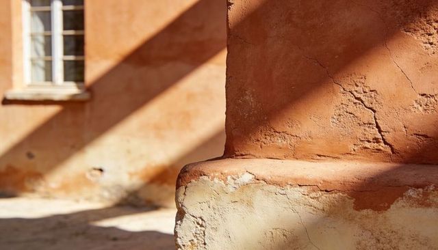 Sunlit terracotta stucco corner with peeling plaster and deep shadow texture