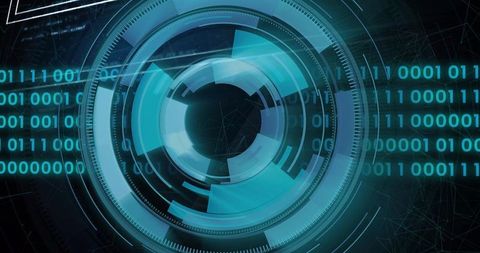 Rotating futuristic hud interface with binary data streams and concentric digital rings