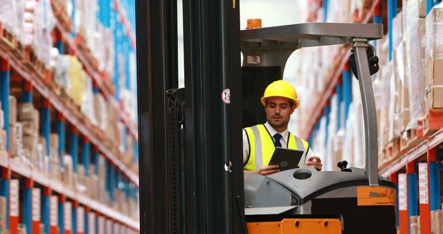 Warehouse worker driving forklift and using tablet for inventory management. Man wears safety gear including helmet and high-visibility vest. Suited for illustrating logistics operations, industrial technology upgrades, warehouse efficiency, and safety compliance in the workplace.