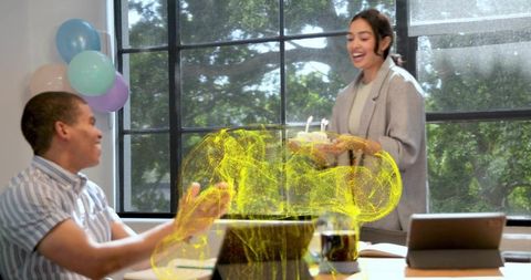 Bringing birthday cake to coworker in modern office with ar hologram overlay