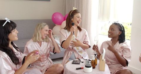 Friends Celebrating Bridal Shower with Makeup and Fun