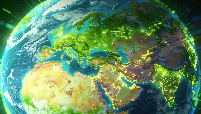 Rotating pixelated earth with neon lights and network nodes over europe middle east africa