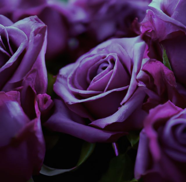 Close-up showing vibrant purple roses in full bloom, highlighting the delicate petals and rich color. Perfect for use in romantic designs, gardening websites, floral blogs, wedding planning resources, and natural beauty advertisements.