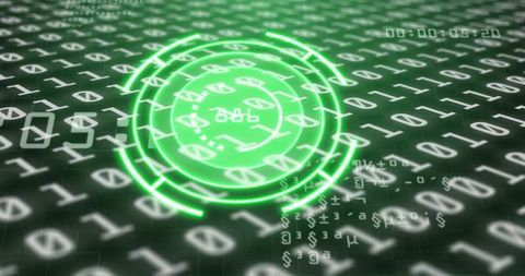 Hovering neon green holographic HUD displaying concentric rings over binary code grid