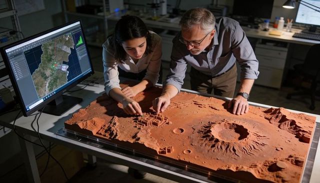 Researchers collaborating over 3d mars terrain model with satellite mapping and analysis
